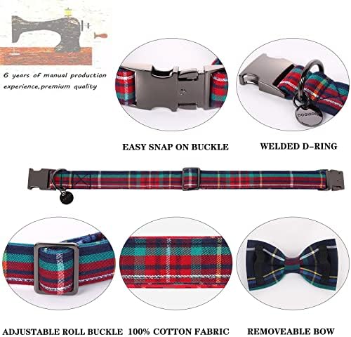 DOGWONG Christmas Dog Collar with Bow tie, Red Blue Plaid Gingham Dog Collar Soft Durable Adjustable Cotton Blue Tartan Puppy Collar for Small Medium Large Dog