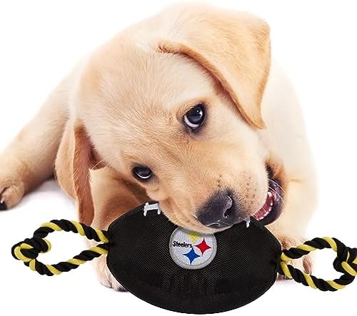 Pets First NFL Pittsburgh Steelers Football Dog Toy, Tough Quality Nylon Materials, Strong Pull Ropes, Inner Squeaker, NFL Team Color
