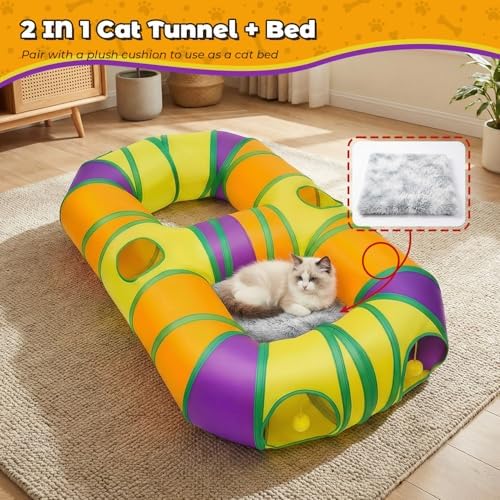 Cat Tunnel for Indoor Cats 8-Shaped, Collapsible Cat Playhouse Pet Play Tunnel Tube Maze with Hanging Pom-poms and Interactive Hole for Kitten, Kitty, Puppy, Rabbits, Ferret, Guinea Pig