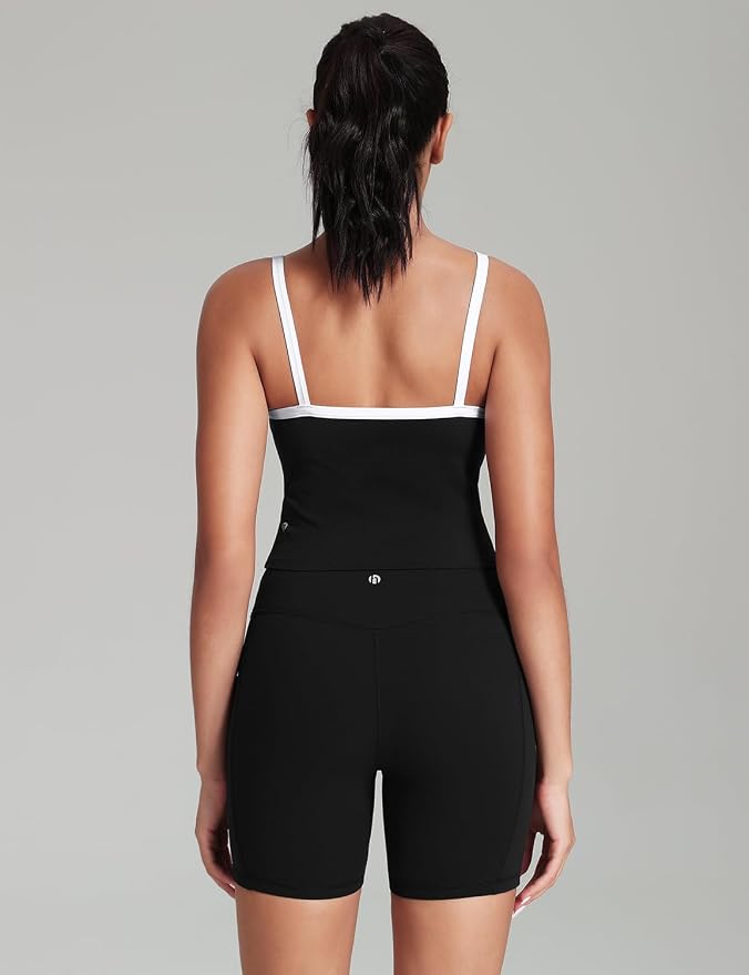 HeyNuts Vintage Color-Block Strappy Crop Tank Top for Womens, Cute Contrasting Trim Yoga Longline Sports Bras Padded A-D Cups