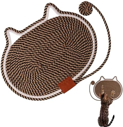 Cat Scratcher Mat Natural Cotton Rope Oval Horizontal Floor Cat Scratch Bed Pad with Ball Toy Protector for Furniture Floor Wall (Black, 1PC)