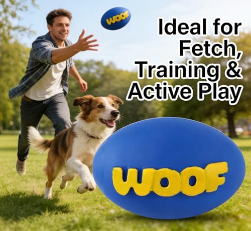 2-Pack Squeaky Rubber Football Dog Toys, Durable Chew & Teething Toy for Small & Medium Dogs, Interactive Fetch & Teeth Cleaning, WOOF Text (Blue, Small)
