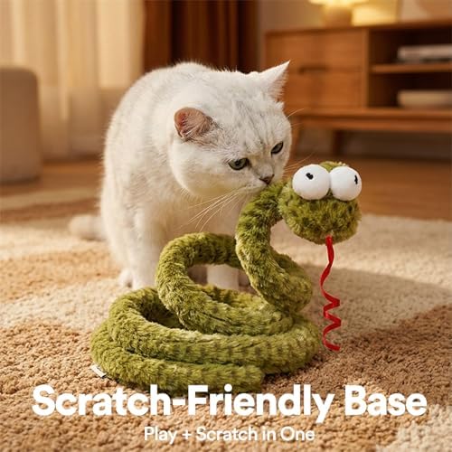 ZEZE Forest Snake Spring Interactive Cat Toy with Scratch Base, Bouncy Spiral Plush Teaser with Crinkle Sound & Ribbon, Self-Play Boredom Relief for Indoor Cats