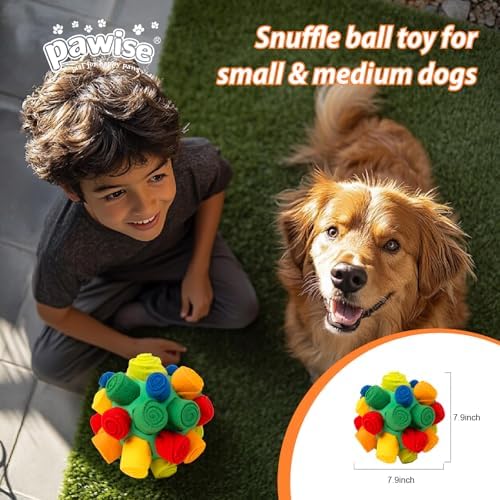PAWISE Snuffle Ball for Dogs, Sniffle Treat Puzzle Toy, Dog Snuffle Balls, Snuffle Toy, Machine Washable, Foraging Sniffle Treat Ball for Puppies and Boredom Relief (Red Rainbow) (Medium)