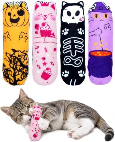 PET SHOW 4 Pack Halloween Cat Kicker Toys with Catnip Crinkle Sound Toys for Cats Random Assorsted Ghost Pumpkin Plush Kittens Shaped Natural Interactive Toys Indoor Pet Cats Chew Stick