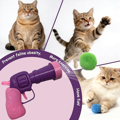 Cat Fetch Toy Launcher with 50 Colorful Pom Pom Balls, Cat Balls Fetch Toy Interactive Manual Thrower for Cats, Funny Cat Toy Gun for Bored Indoor, Pink and Purple (13 cm)