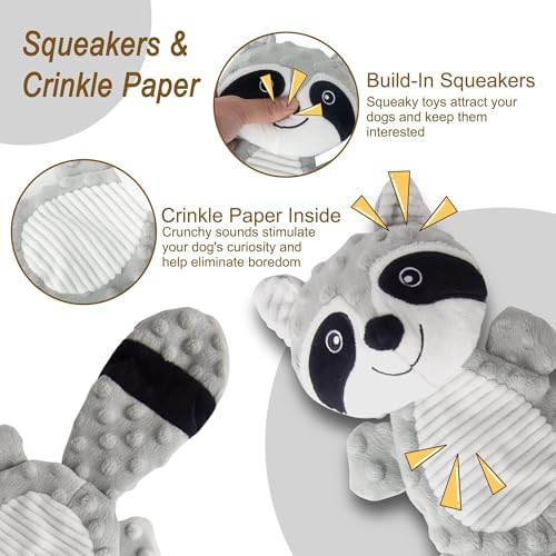 No Stuffing Squeaky Dog Toys Plush Chew Toy for Small Medium Puppy Large Breed, Stuffless Cute Animal Plush Toy for Indoor Play, Tough Durable Teething Interactive Gift, Raccoon,Gray