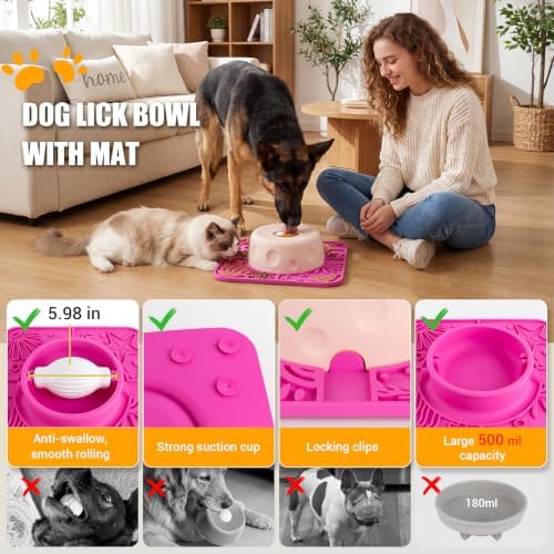 Slow Feeder Dog Bowl with Rolling Ball, 2 in 1 Dog Lick Bowl with Mat