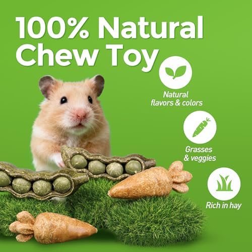 TEEWY 4PCS Guinea Pig Toys, Prevent Teeth Overgrowth, Natural Vegetables and Timothy Grass, Hamster Chew Toys, Chinchilla Toy, Peapod and Carrot Chew Toy Set