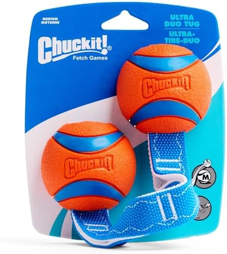 Chuckit! Ultra Duo Tug Dog Toy -Two Ultra Balls on a Durable Nylon Cord Handle-Fetch and Tug-of-War Toy for Dogs -for Breeds 20-60 lbs-2.5inch Diameter-Orange and Blue, Medium (Pack of 12)