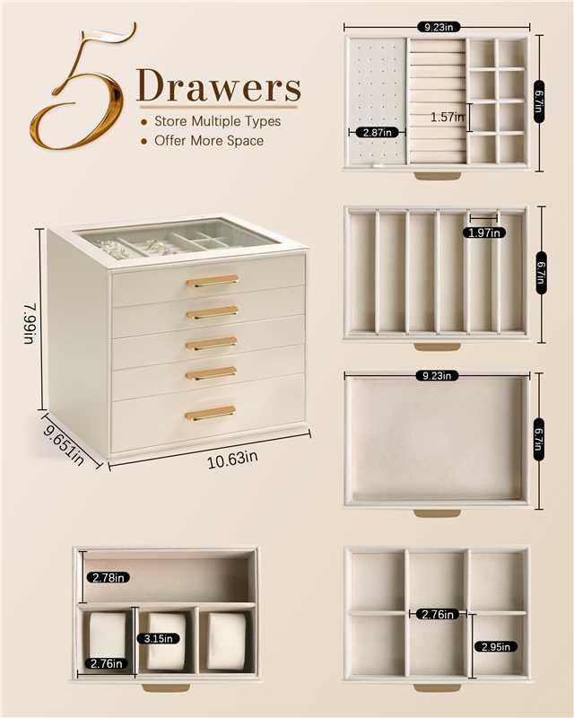 Homeanda Jewelry Boxes Organizer with Glass Lid, 5-Layer PU Leather, Beige | Modern style display case with 5 drawers for daily jewelry, women, mom or girl gift