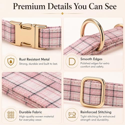 Soft Cotton Dog Collar Classic Plaid Pet Collars with Metal Clasp for Medium Dogs with Sensitive Skin, Blush Pastel Tartan