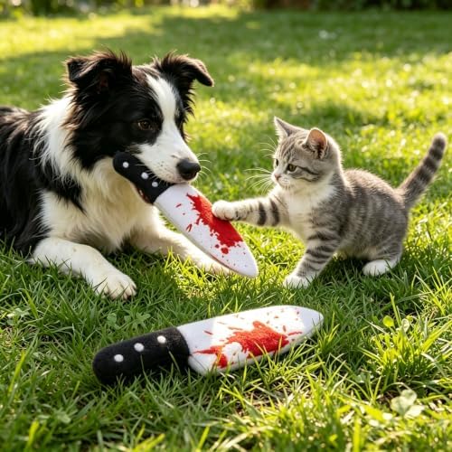 4 Pcs Halloween Squeaky Dog Toy Plush Knife Dog Chew Toys Plush Cat Playing Toys Teeth Grinding Pet Training Toy for Dog Cat Relief Decompression