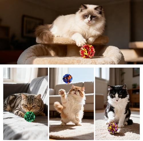 Crinkle Cat Toy Balls, 12Pcs 2.47'' Mylar Balls, Interactive Crinkle Ball, Colorful Paper Ball Chase Training Activity for Cats kitten Assorted Color, Chase Training Activity for Cats (12 Pack)
