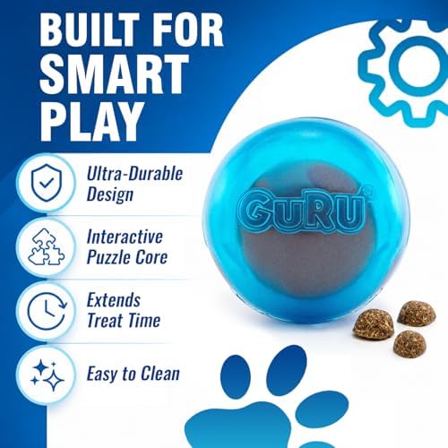 Guru Pet Ball - Medium Blue - Dog Toy, Hides & Dispenses Treats, Slow Feeding, Easy Loading, Durable Rubber, Roll-Bounce-Spin-Tumble-Solve-Play