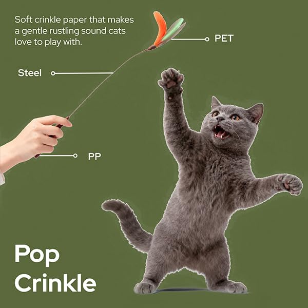 Artisan-Crafted BloomPlay Cat Wand Toy, Colorful Interactive Teaser with Storage, Durable & Bite-Resistant, Aesthetic Cat Toy for Indoor Cats (Pop Crinkle)