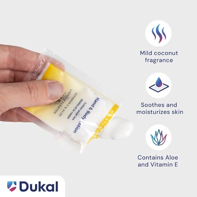 Dukal DawnMist Moisturizing Lotion - 100 Pack, Hand & Body, Aloe & Vitamin E, Coconut Fragrance, 0.35 oz Single-Use, Alcohol-Free