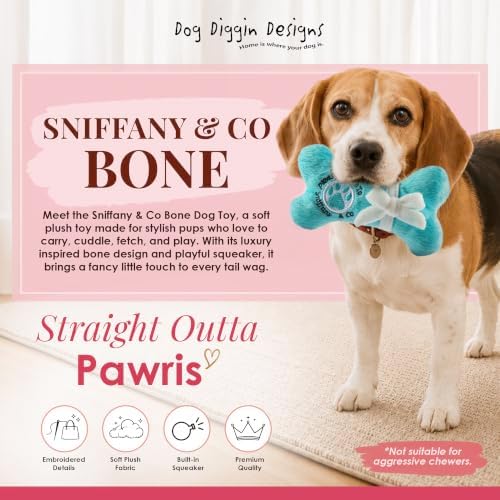 Dog Diggin Designs Sniffany & Co Petite Plush Dog Toy Bone | Luxury-Inspired Parody Designer Bone with Built-in Squeaker, Soft Plush Chew & Play Dog Toy – Prêt-à-Porter Play!