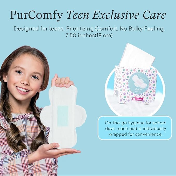 PurComfy Teens Period Pads with Wings for Tweens, Organic Cotton Sanitary Pads for Teen Girls 9-14, Mini Petite, 90 CT