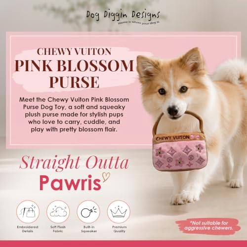 Dog Diggin Designs Chewy Vuiton Pink Blossom Plush Dog Toy Purse | Luxury-Inspired Parody Designer Handbag with Squeaker, Soft Plush Fashion Dog Toy – Haute Couture Purses & Handbags
