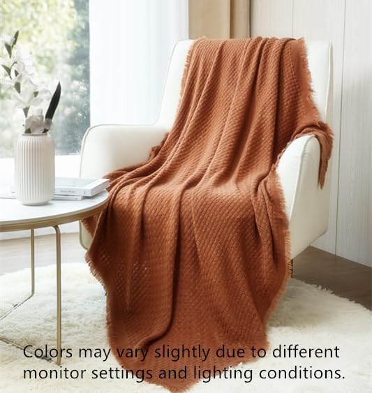CREVENT Farmhouse Rust Knit Throw Blanket for Couch Sofa Chair Bed Home Decoration, Soft Warm Cozy Light Weight for Spring Summer Fall (50''X60'' Caramel/Rust)