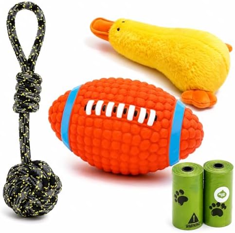 Dog Toys for Small Dogs, 5 Pack Interactive Dog Toy Bundle with Plush Duck, Squeaky Football Chew Toy, Rope Tug Toy and Waste Bags, Enrichment & Training Toys for Small BreedsRed