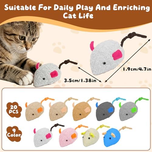 20PCS Cat Catnip Mice Toys, Mouse Toys for Cats, Interactive, Encourages Agility, Coordination, for Indoor Cats and Kittens, Cat Chew Toy for Exercise for Pet Cat Kitten Kitty