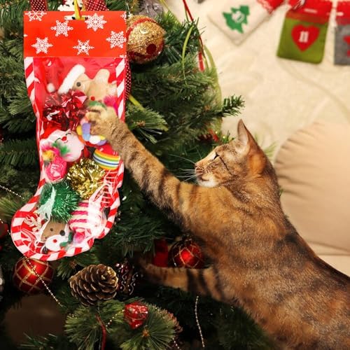 Christmas Stocking Cat Toys, 12PCS Xmas Cat Toy Set with Squeaky Toys, Balls, Cat Teaser