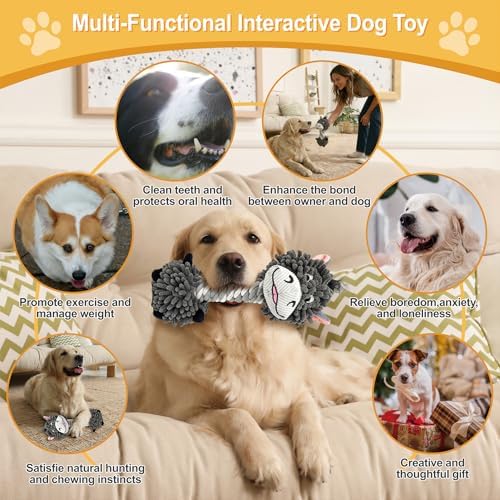 11.02 Inch Grey Donkey Mop Squeaky Dog Toy with Rope Neck, Plush Chew Toy for Puppy Teething, Interactive Tug of War Toy for Small Medium Large Dogs