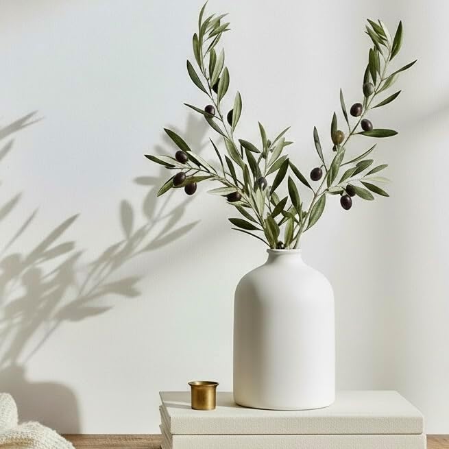Carrot's Den White Ceramic Vase, Matte Textured Entryway Table Decor | Textured matte finish, 7 in tall. Holds olive branches, eucalyptus, or dried greenery on a coffee table or shelf.