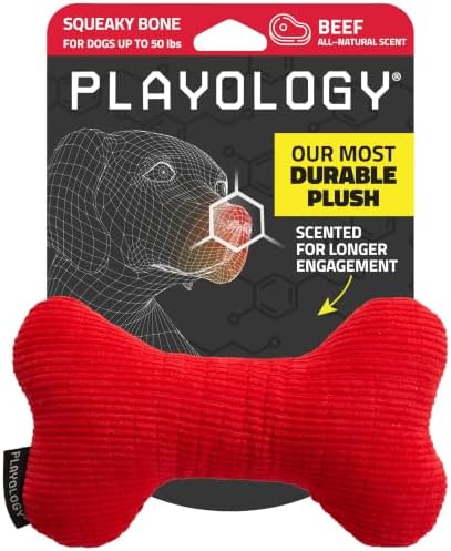 Playology Durable Plush Bone Toy - Crinkle Bone - Medium, Beef Scent