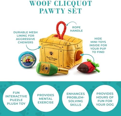 Haute Diggity Dog Woof Clicquot Pawty Set Puzzle + 3 Plush Squeaky Dog Toys