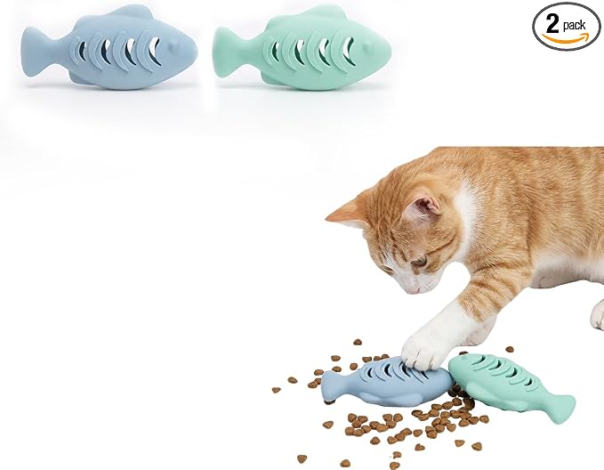 2Pack Fish Shaped Cat Toy Treat Dispenser Puzzle Feeder for Indoor | Slow Feeder Bowl & Enrichment for Kittens | Avocado Interactive Toys
