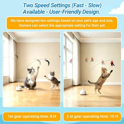 Interactive Cat Toys for Indoor Cats, Automatic 360° Spinning Cat Wand Toy, Strong Suction Cup Base, USB Rechargeable, Detachable Wand, 2 Feather Refills, 2 Speeds, 3 Modes for Cats of All Ages