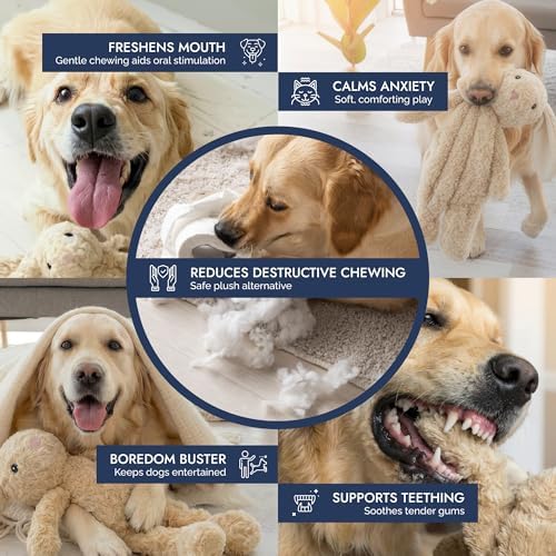 Petlou Stuffingless Floppy Plush Dog Toys with Durable Squeak and Crinkle Paper Dog Chew Toys for Large Dogs and Medium Dogs (TAN, 19 Inch Floppy Rabbit 3)