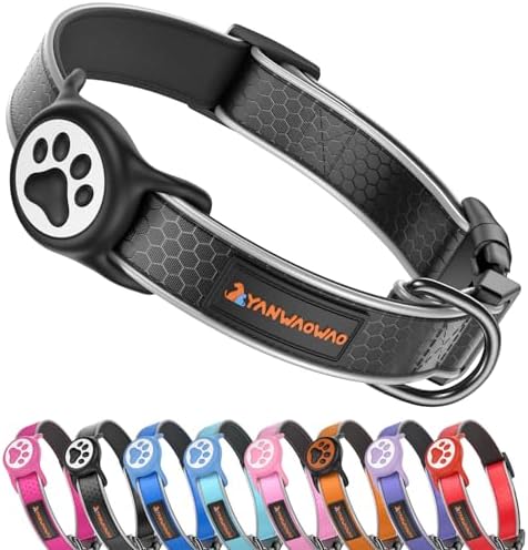 Heavy Duty Dog Collar with Silicone AirTag Holder, Waterproof & Reflective Padded Pet Collar for Night Walking, Hotpink Plaid Oxford Cloth, Adjustable Buckle (Black L)