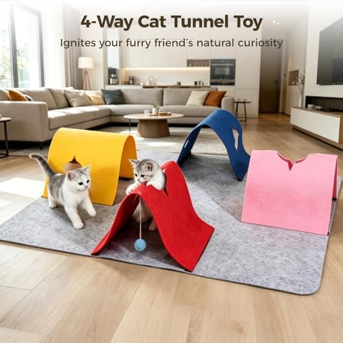 Cat Tunnel Toy, 4-Way Felt Interactive Feline Activity Mat, Large 35.4 x 35.4 in Foldable Play Structure with Colorful Tunnels, Soft Pet Cave for Indoor Exercise, Year-Round Fun
