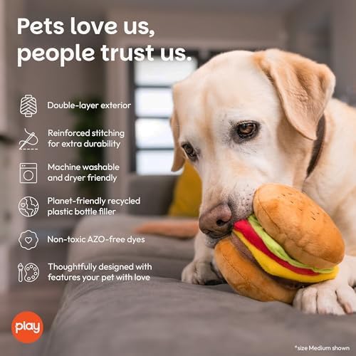 P.L.A.Y. Cute Plush Dog Toys - Fast Food Themed Durable Giggle Chew Toy, Great for Puppies & Small, Medium, Large Dog - Machine Washable, Recycled Materials (American Classic Burger, Medium)