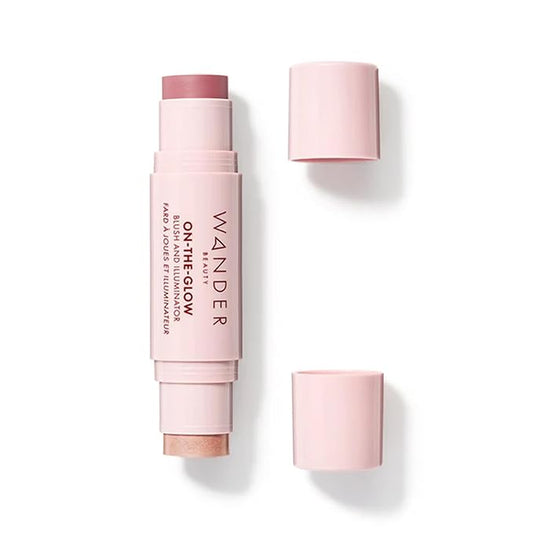 Wander Beauty On-the-Glow Blush and Illuminator - Dusk/Nude Glow - 7-in-1 Hydrating Cream Blush & Highlighting Stick - Stick Blush for Cheeks, Lip, Face & Body - Highlighter Makeup & Blush - 0.4 oz