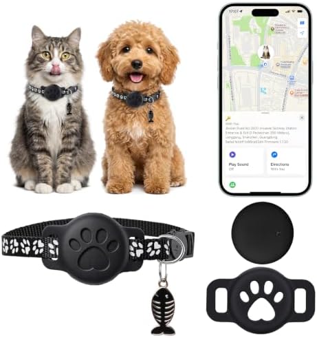 GPS Pet Tracker Collar, Mini Smart Real Time Tracking Tag for Cats Dogs, No Monthly Fee or SIM Breakaway Collars, IP68 Waterproof Detachable Finder 365-Day Battery Compatible with Apple iOS & Android