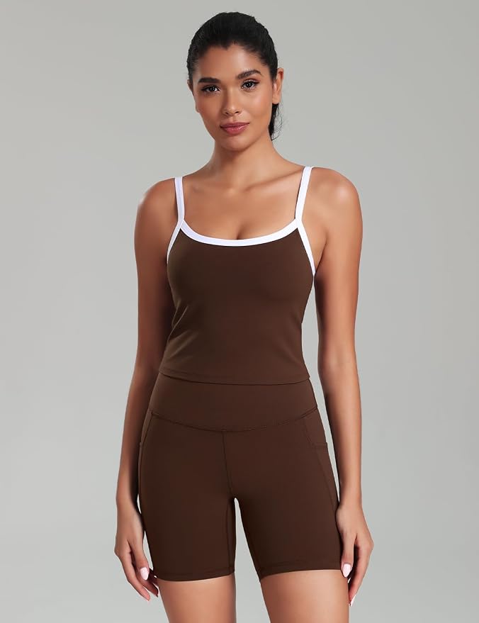 HeyNuts Vintage Color-Block Strappy Crop Tank Top for Womens, Cute Contrasting Trim Yoga Longline Sports Bras Padded A-D Cups