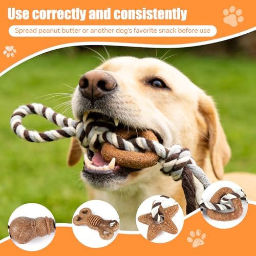 4 Pack Dog Chew Toys for Aggressive Chewers – Puppies & Adults, Multiple Textures & Rope， ndestructible Tough Durable Interactive Dog Toys， Brown Triangle&Stars&Bone&Snowman