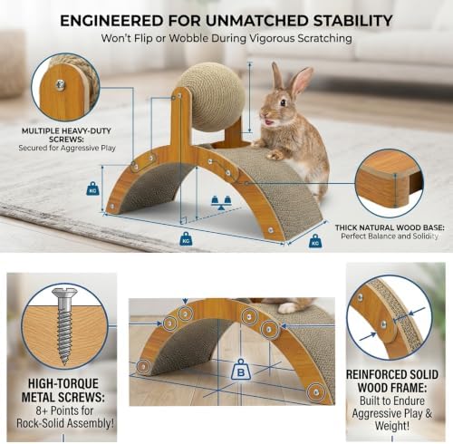 2-in-1 Rabbit Scratching Toy - Natural Sisal Ball & Corrugated Cardboard Pad Bunny Claw Scratcher, Stable Wood Arch Bridge Interactive Toys for Rabbits, Kittens, Ferrets, Chinchillas