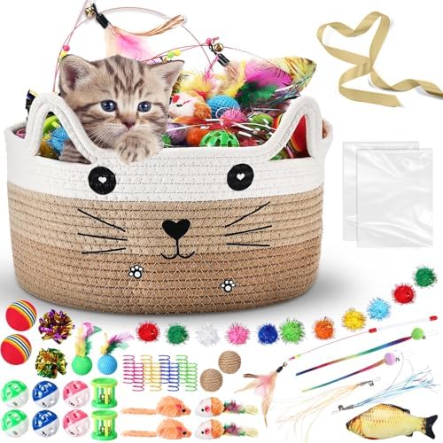 Zopeal 76 Pcs Cat Storage Basket Gift Toys Set, Khaki