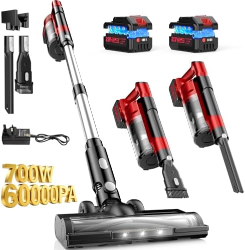 Cordless Vacuum Cleaners for Home with 2*Battery 8000mAh, Brushless Rechargeable Stick Vacuum with 3 Mode, 6 In 1 Portable Handheld Cordless Vacuum for Pet Hair /Hardwood Floor/Dorm/Carpet (Red)