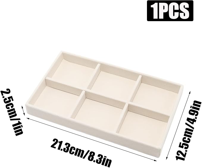 Velvet Jewelry Organizer Tray, Beige 6 Grids | Stackable Jewelry Storage Display Tray with Removable Dividers for Drawer Dresser Cloest Organizer