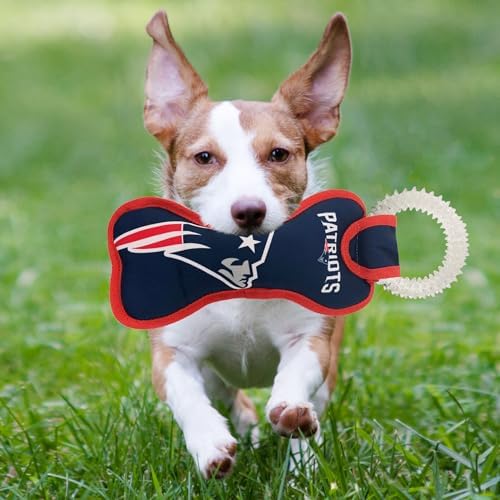 Pets First NFL New England Patriots Dental Dog TUG Toy with Squeaker. Tough PET Toy for Healthy Fun, Teething & Cleaning Pet's Teeth & Gum.