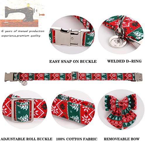 DOGWONG Christmas Dog Collar with Sailor Bow tie, Red Green Strip Snowflake Dog Collar Soft Durable Adjustable Cotton Puppy Collar for Small Medium Large Dog