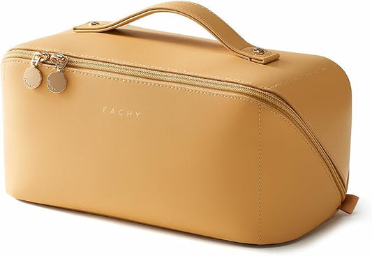 EACHY Travel Makeup Bag, Large Capacity Cosmetic Bag for Women, Waterproof PU Leather, Flat Open Portable Toiletry Bag for Skincare, Brushes & Travel Essentials