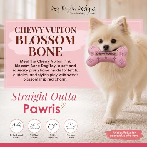 Dog Diggin Designs Chewy Vuiton Pink Blossom Plush Dog Toy Bone | Luxury-Inspired Parody Designer Bone with Squeaker, Soft Plush Chew & Play Dog Toy – Prêt-à-Porter Play!